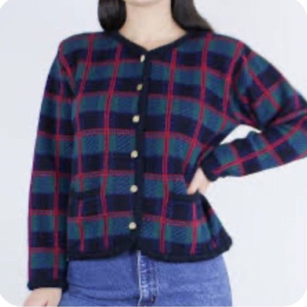 VTG 70s Tally-Ho Womens Black Green Red Plaid Gold Button LS Cardigan Sweater 3X